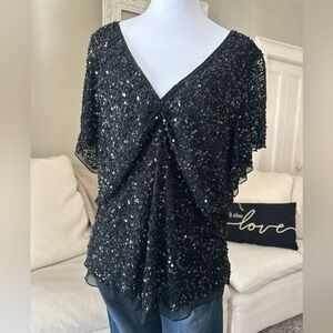 ADRIANNA PAPELL Boutique Evening Silk Sequin Beaded Top Shirt V-neckline Size 2X